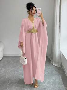 SHEIN Elenzya 金色滚边装饰，优雅收腰，舒适精致的中长连衣裙，女士款 - 粉色 - 查看 4