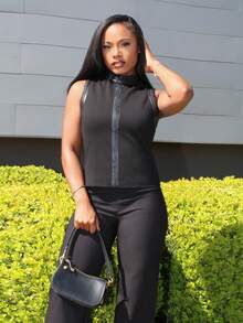 女士优雅休闲无袖立领背心，适合秋季、优雅、别致、新年 - 黑色 - 查看 1