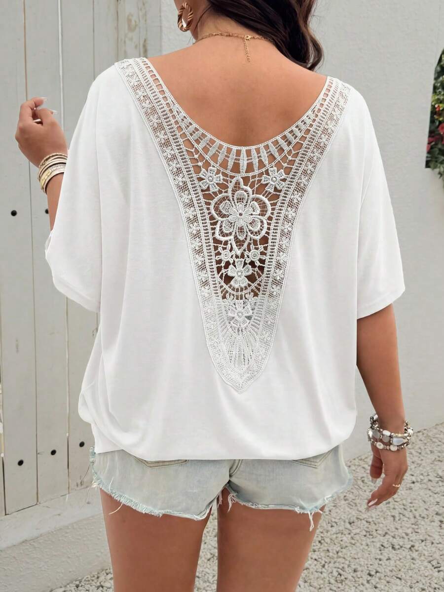 SHEIN LUNE Áo thun dáng rộng cỡ lớn, cổ xếp ly và viền hoa. - trắng - Xem 1