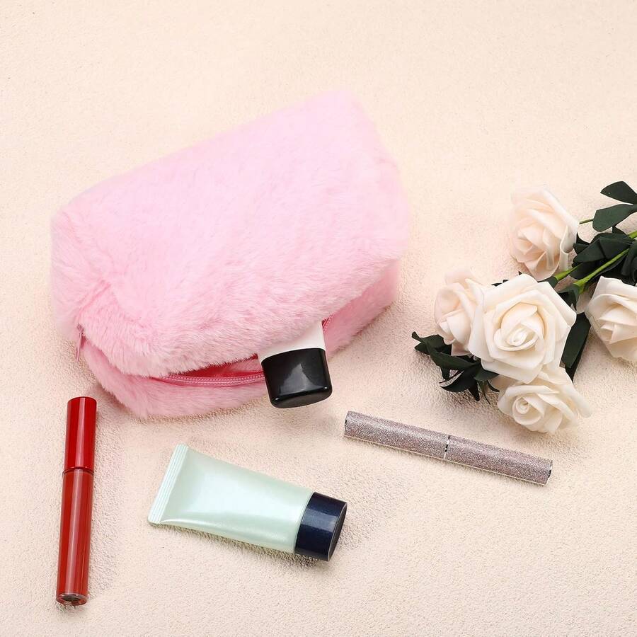 Small Plush Makeup Bag, Soft Beauty Cosmetic Bag Cute Travel Zipper Toiletry Bag Multifunctional Organizer Pouch For Women, Pink - Multicolor - View 1