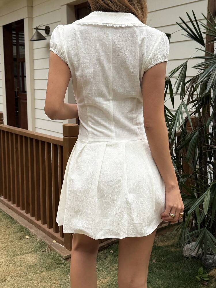 Spring & Summer White Elegant Party Cotton Ruffled Collar Petal Sleeve Cinched Waist Mini Dress For Women