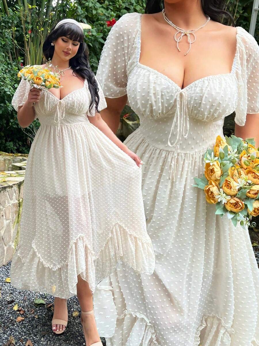 Sunspun Đầm dạ hội/công chúa thanh lịch mùa xuân/hè mới, chất liệu chiffon họa tiết chấm bi, kiểu dáng corset, tay bồng, dáng chữ A, eo thon, vạt bất đối xứng, viền bèo nhún, thích hợp cho nữ, đầm dự tiệc, đầm mùa xuân, đầm dạ hội, đầm sinh nhật. - Màu be - Xem 1