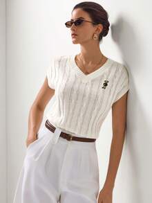 Briarwyn Áo thun nữ cổ chữ V thêu hình gấu, kiểu dáng thường ngày, đa năng, chất liệu dệt kim, tay ngắn. - Màu be - Xem 7