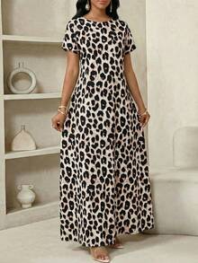 SHEIN Lady 女士豹纹圆领短袖休闲连衣裙 - 彩色 - 查看 6