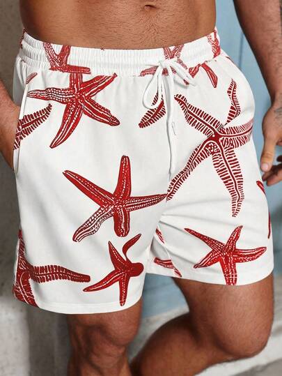 Manfinity Swimmode بنطلون كاجوال فضفاض بخصر مطاطي وسحاب جيب للرجال مقاسات كبيرة، شورت شاطئ أبيض للرجال، شورت سباحة رجالي بنقشة نجمة البحر الحمراء، شورت سباحة رجالي أبيض، شورت سباحة رجالي أحمر للشارع
