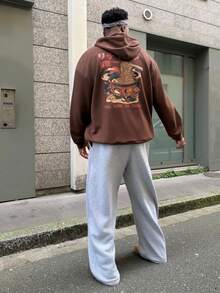 Heavens Edit Shwiy 男士时尚街头休闲常规厚度抽绳口袋夹克，复古拉面印花卡通字母图案连帽衫，适合春秋季穿着 - 咖啡棕 - 查看 2
