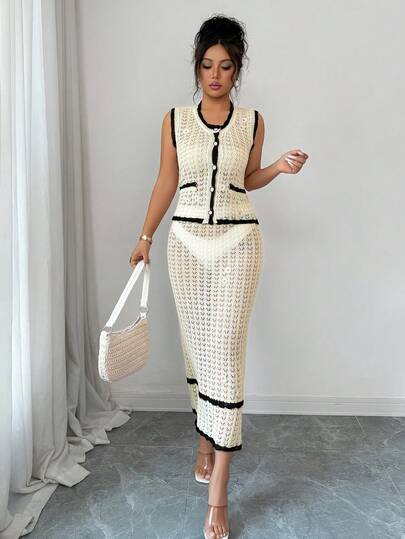 SHEIN Elenzya 女士纯色镂空针织雏菊复古优雅法式里维埃拉风格无袖背心和迷你裙两件套