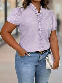 SHEIN Clasi CURVE V-Neck Puff Sleeve + Ruffle Trim French Style Casual White Plus Size Short Sleeve Blouse Bussines Tea Party Summer - Purple - View 1
