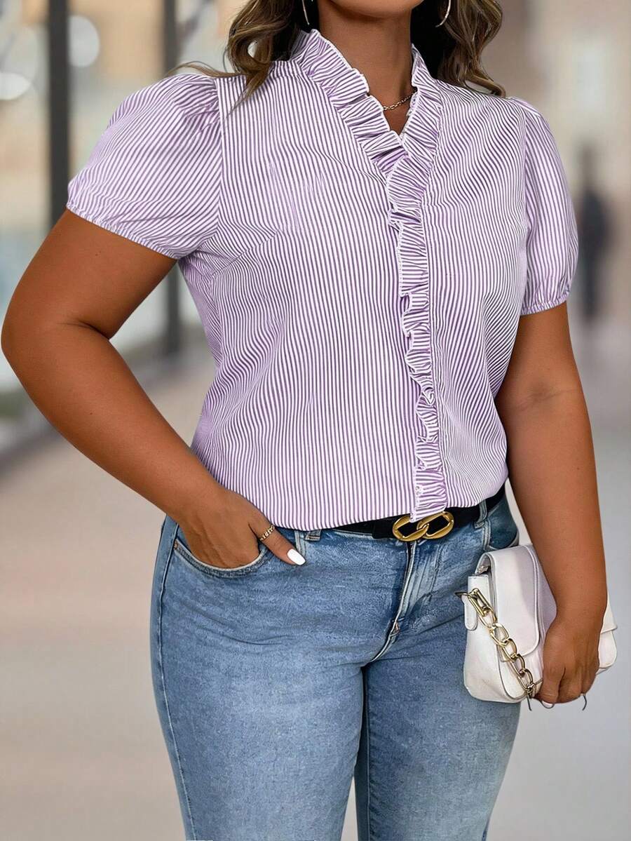 SHEIN Clasi CURVE V-Neck Puff Sleeve + Ruffle Trim French Style Casual White Plus Size Short Sleeve Blouse Bussines Tea Party Summer - Purple - View 1