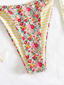 Swim Mod Biquíni de duas peças com estampa floral e listras em contraste, perfeito para férias de primavera/verão na praia, em estilo campestre francês. - Multicolorido - Ver 5