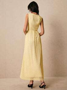 Poéselle 女款時尚深V領黑色波點印花洋裝，夏季陽光裙，1960年代復古風格野餐度假度假早午餐洋裝，1920年代復古 - 淡黃色 - 查看 3