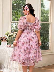 SHEIN Clasi Plus Size Mesh Fabric With Ruffle Trim, V-Neck,, Cinched Waist Bow Decor Elegant Cute Vacation Cocktail Party Dress - Pink - View 2