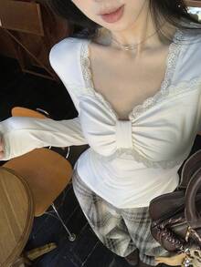 DAZY Women's Lace Patchwork Bow Pleated Solid Color T-Shirt, Autumn/Winter Long Sleeve - Beige - View 9