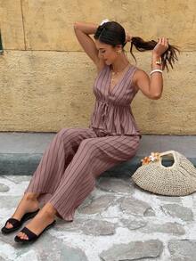 Serisse Bộ đồ nữ kẻ sọc gồm áo hai dây thắt eo và quần dài, kiểu dáng thường ngày, gồm 2 món. - Bụi hồng - Xem 3