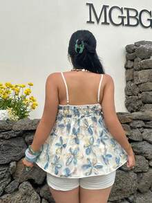 SHEIN SunnyBelle 大码女式碎花荷叶边吊带背心，适合夏季度假穿着。多巴胺音乐节 - 彩色 - 查看 2