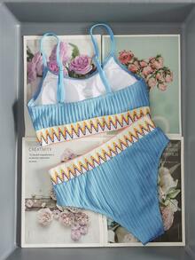 Swim Vcay Vacation Beach Woven Strap Patchwork Bikini Set - Blue - View 3