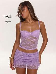 SHEIN BAE Áo hai dây ren gợi cảm dành cho nữ, thích hợp cho các buổi tiệc âm nhạc đầu xuân, phong cách đường phố, phù hợp mặc hàng ngày và cho tín đồ thời trang. - Màu tím hoa cà - Xem 7