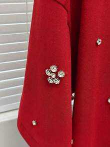 Nueva camiseta holgada casual con decoración de strass para mujeres - Rojo - Ver 5