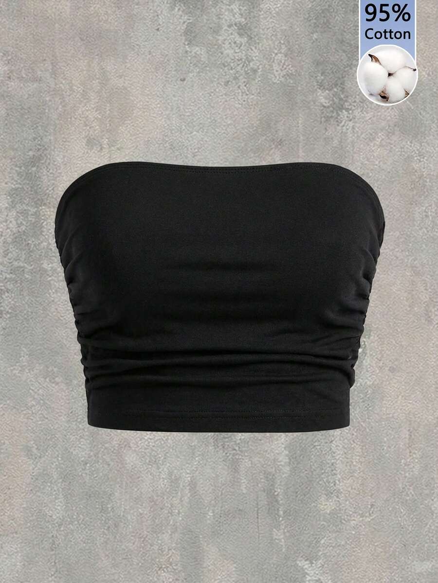 SHEIN EZwear 95%纯棉女士休闲修身抹胸上衣，褶皱设计，女士日常穿搭，女士夏季服装 - 黑色 - 查看 1