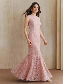 Anewsta Summer Fashionable & Elegant Lace Patchwork Mermaid Dress For Women - Pink - View 5