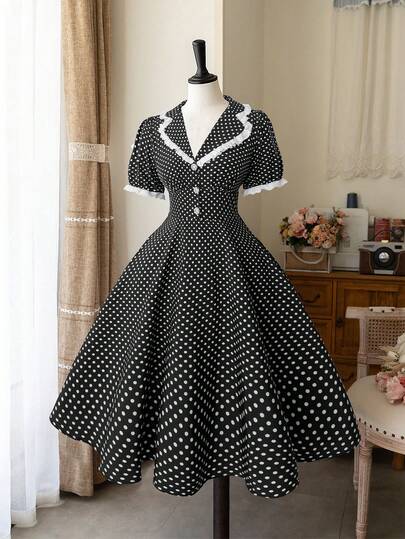 Sweetra Vestido de manga corta con cuello en V y lunares, con cintura ceñida, al estilo francés de moda