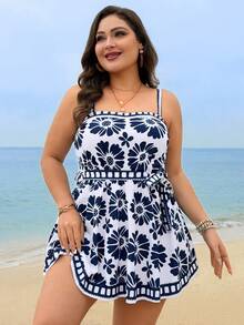 Swim Lushoire Đầm đi biển in hoa thanh lịch dành cho nữ cỡ lớn, đồ bơi cỡ lớn cho kỳ nghỉ biển, đồ bơi du lịch thanh lịch - Xanh và trắng - Xem 5