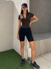 DAZY Women's Solid Color Raglan Short Sleeve Fitted Zip-Up Casual Sexy T-Shirt Summer Golf Pastal - Rust Brown - View 2