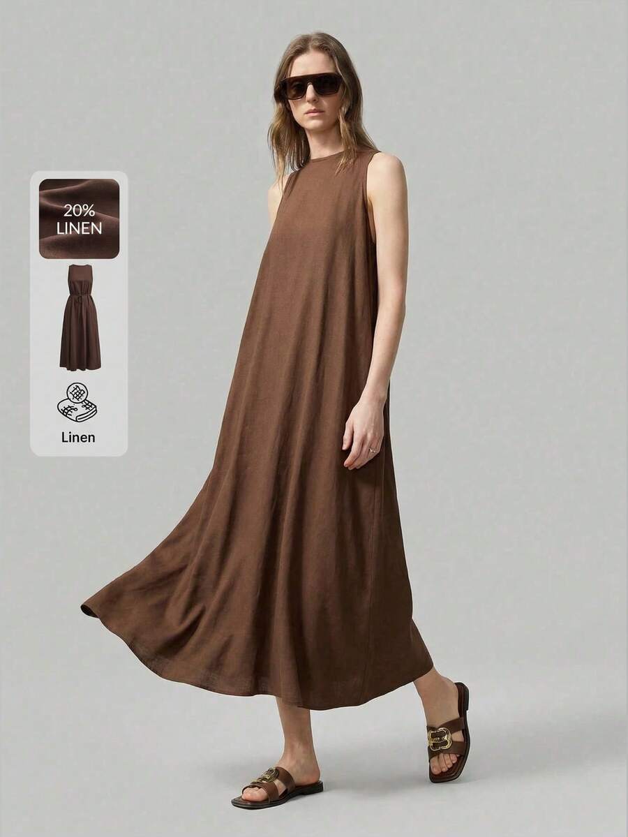 Ontre 女士深咖啡棕色舒适亲肤高品质亚麻竹纤维面料圆领无袖露背褶裥A字连衣裙，带口袋，低调复古风，优雅度假休闲风，时尚都市通勤风，高品质机场时尚，四季皆宜的荷叶边棕色连衣裙，度假装扮，女士沙滩装，四季皆宜的明星同款超大喇叭裙摆飘逸浪漫舒适的棕色连衣裙，无袖长款连衣裙，度假装，女士夏季连衣裙 - 咖啡棕 - 查看 1