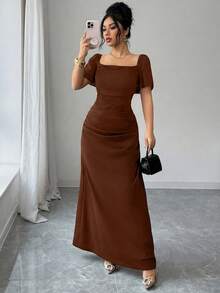 SHEIN Elenzya 方领收腰优雅浪漫精致女式连衣裙，短袖 - 咖啡棕 - 查看 6