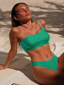 Swim Chiccia Bộ bikini lệch vai thanh lịch màu nâu bóng, chất liệu vải bóng, đính hạt, thích hợp cho nữ đi biển mùa hè và lễ hội âm nhạc. - màu xanh lá - Xem 1