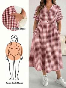 SHEIN Essnce Plus Size Plaid Minimalist Pocket Dress - Red and White - View 1