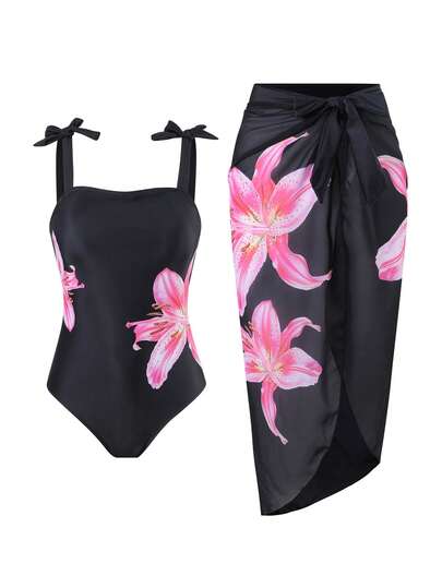 Tween Girl 1-Piece Swimsuit, Cute Black Floral Knit Fabric Romper With Bow Decor, 2-Piece Fashionable Casual Elegant Ladylike Outfit Suitable For Swimming, Summer Vacation, Beach, Pool, Holiday Party