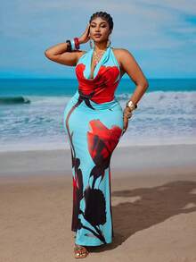 Maweii Plus Size Floral Print Backless Halter Dress, Vacation & Beach - Blue - View 4