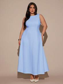 SHEIN BAE Đầm không tay thanh lịch cổ thuyền dành cho nữ cỡ lớn, thích hợp cho mùa thu và mùa xuân. - Màu xanh nhạt - Xem 3