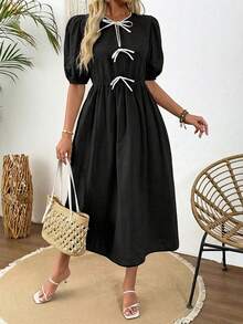 SHEIN LUNE 大码女士休闲蝴蝶结褶皱连衣裙，适合派对和外出穿着，女士休闲连衣裙，女士夏季连衣裙，女士法式连衣裙，女士正装，母亲节礼服 - 黑與白 - 查看 8