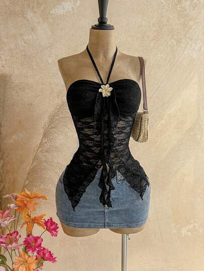 Soleia Women's Sexy Beach Vacation Floral Decor Asymmetrical Hem Sheer Lace Halter Top,Summer Top