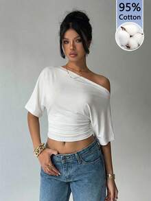 Áo thun dáng rộng Aloruh vai lệch, eo thắt, chất liệu 95% cotton, dễ phối đồ, đa năng cho các buổi đi chơi. - trắng - Xem 5