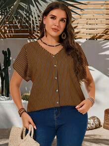 EMERY ROSE Áo sơ mi nữ cỡ lớn kẻ sọc cổ chữ V tay ngắn kiểu dáng thường ngày cài nút - Nhiều màu - Xem 6