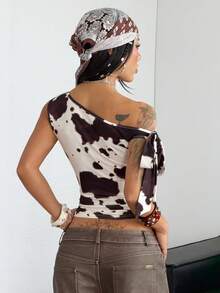 Coolane Tricou de vară pentru femei, stil streetwear, sexy, hippie, Y2k, tricotat, cu imprimeu de vacă, elastic, confortabil, cu bretele, cu umăr dezbrăcat - Multicolor - Vizualizare 5