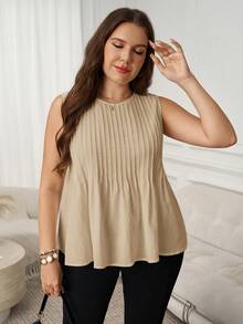 SHEIN LUNE Áo thun nữ cỡ lớn màu trơn cổ tròn, kiểu dáng thường ngày, đa năng. - Màu be - Xem 7