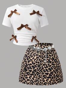 SHEIN 两件套女童甜美可爱棕色蝴蝶结装饰T恤和豹纹半裙休闲套装，适合夏季穿着 - 彩色 - 查看 3