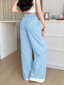 SHEIN بنطلون كاجوال وردي متعدد الاستخدامات مزين بشريط نسيجي ملصق نسيجي، مناسب للاستخرام المنزلي والأوقات الحرة - الأزرق - مشاهدة 2