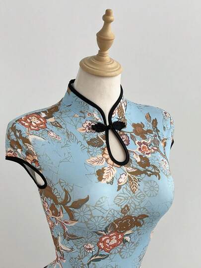 Elamini 蓝色花卉印花撞色手工纽扣领镂空短袖修身上衣，新款中国风复古通勤优雅设计，百搭女士夏季款