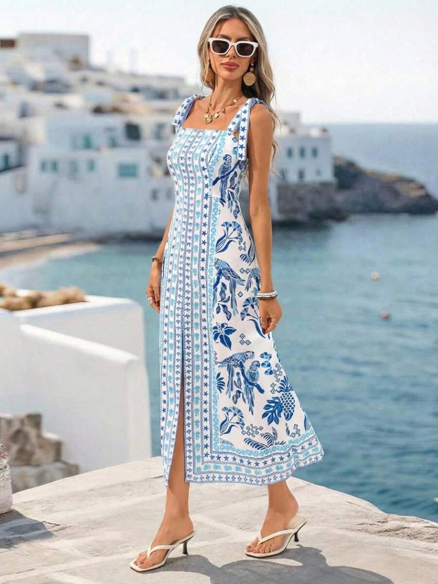 Vivid Eden 女士碎花开衩连衣裙，休闲度假无袖长裙，夏季服装，春季女装，春季女装，海滩度假装，外出装，生日礼服，假日装，蓝白连衣裙，休闲女装，优雅派对假日装，欧洲夏季连衣裙，度假装，女士夏季假日装，夏季女装，连衣裙，女士夏季连衣裙，野餐连衣裙，夏季女装 - 藍白色 - 查看 1