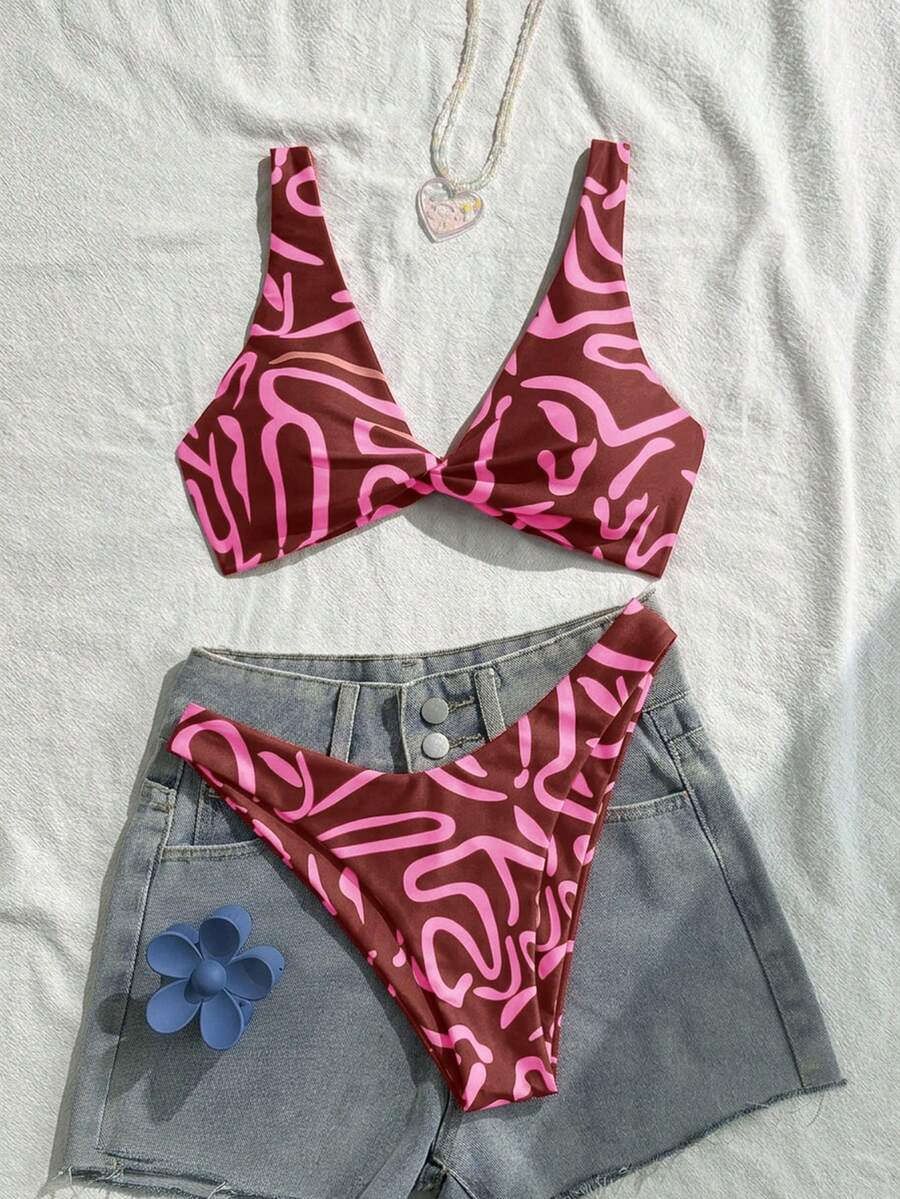 Swim Vcay Set bikini da donna con stampa a foglie - Multicolore - Visualizzare 1
