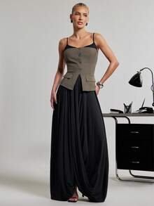Hauture Contrast Color Spaghetti Strap Fitted Sleeveless Elegant Lace Peekaboo Corset Top, Summer Lace Detail, Old Money Cropped Tailored Top For Women, Business Casual, Desk To Dinner Outfit, Versatile Styling For Office - Black - View 4
