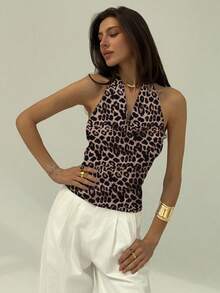 Aloruh 条纹深V领露背系带性感豹纹上衣，适合派对、优雅约会等场合 - 彩色 - 查看 5