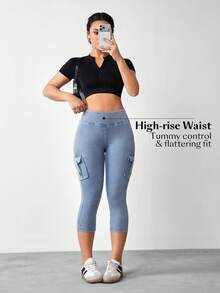 Flexra 3/4 Length Denim Cargo Pocket Skinny Jeggings Everyday Light Blue Summer Casual - Blue - View 7