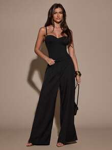 SHEIN BAE Bodysuit Camisole Wanita Warna Polos Modis untuk Acara Malam di Klub, Hitam, Musim Panas, Seksi, Halloween - Hitam - View 5