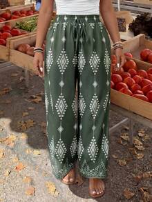 Dripcurv Plus Size Summer Casual Vacation Bohemian Style Geometric Print Pants - Green - View 5